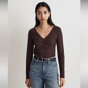 Madewell Semi-Sheer Shirred V-Neck Top Chocolate Raisin Size XS NWT